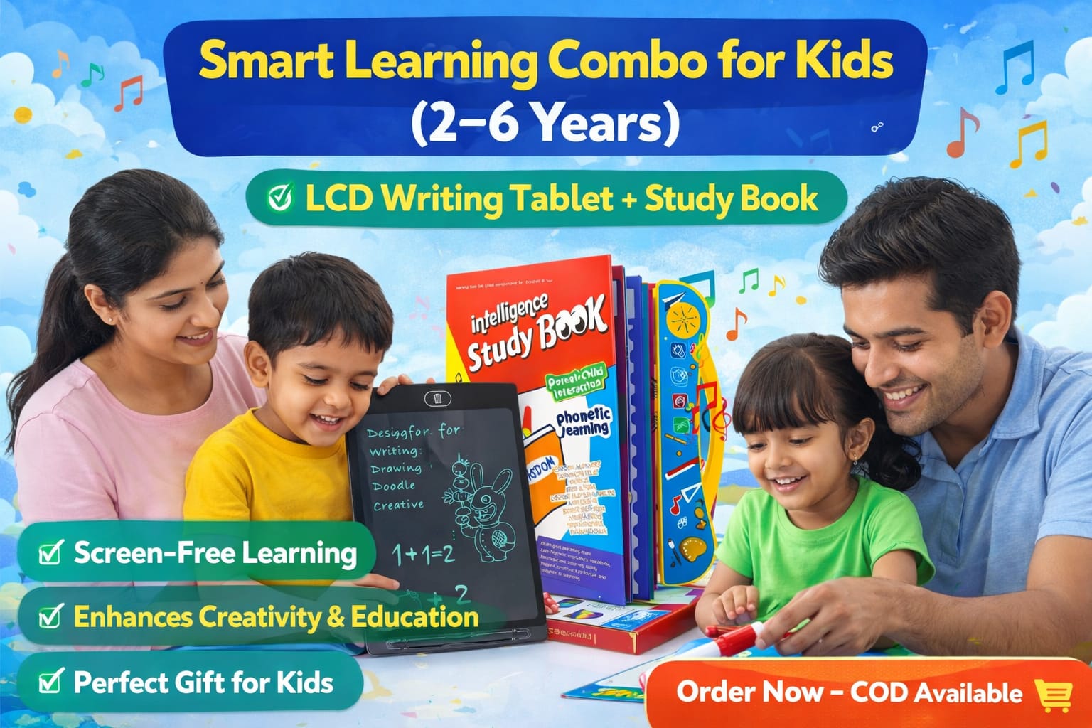 Kids Interactive Learning Combo (2–6 Years) | LCD Writing Tablet + Study Book